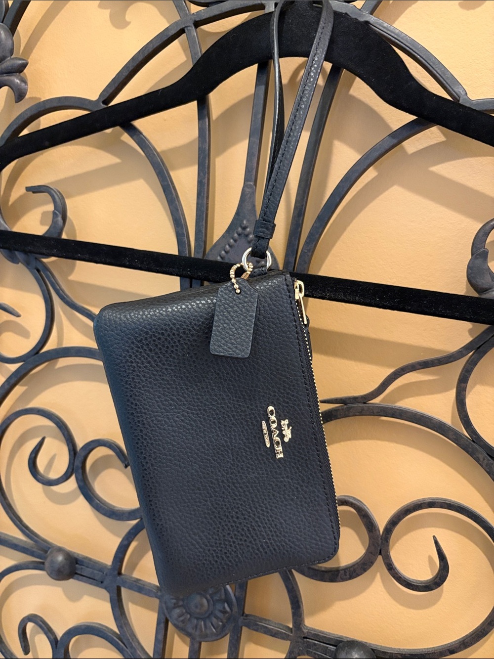 Coach Black Pebbled Leather Wristlet with Gold Logo